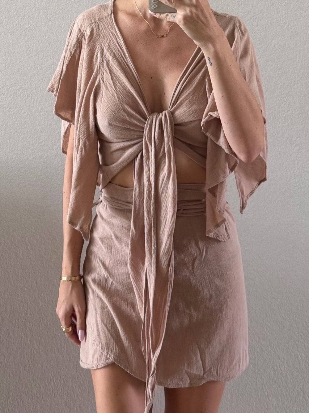 AIALA Tulum Taupe Flutter Sleeve Top & Mini Skirt Set M